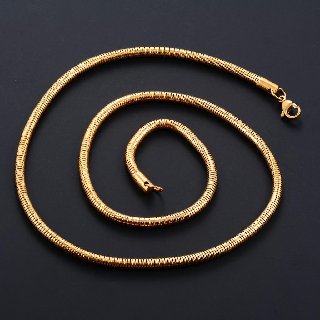 Classic Round Snake Bone Chain Stainless Steel Rolo Necklace for Women and Men Silver and Gold Color Plated Choker Metal Jewelry