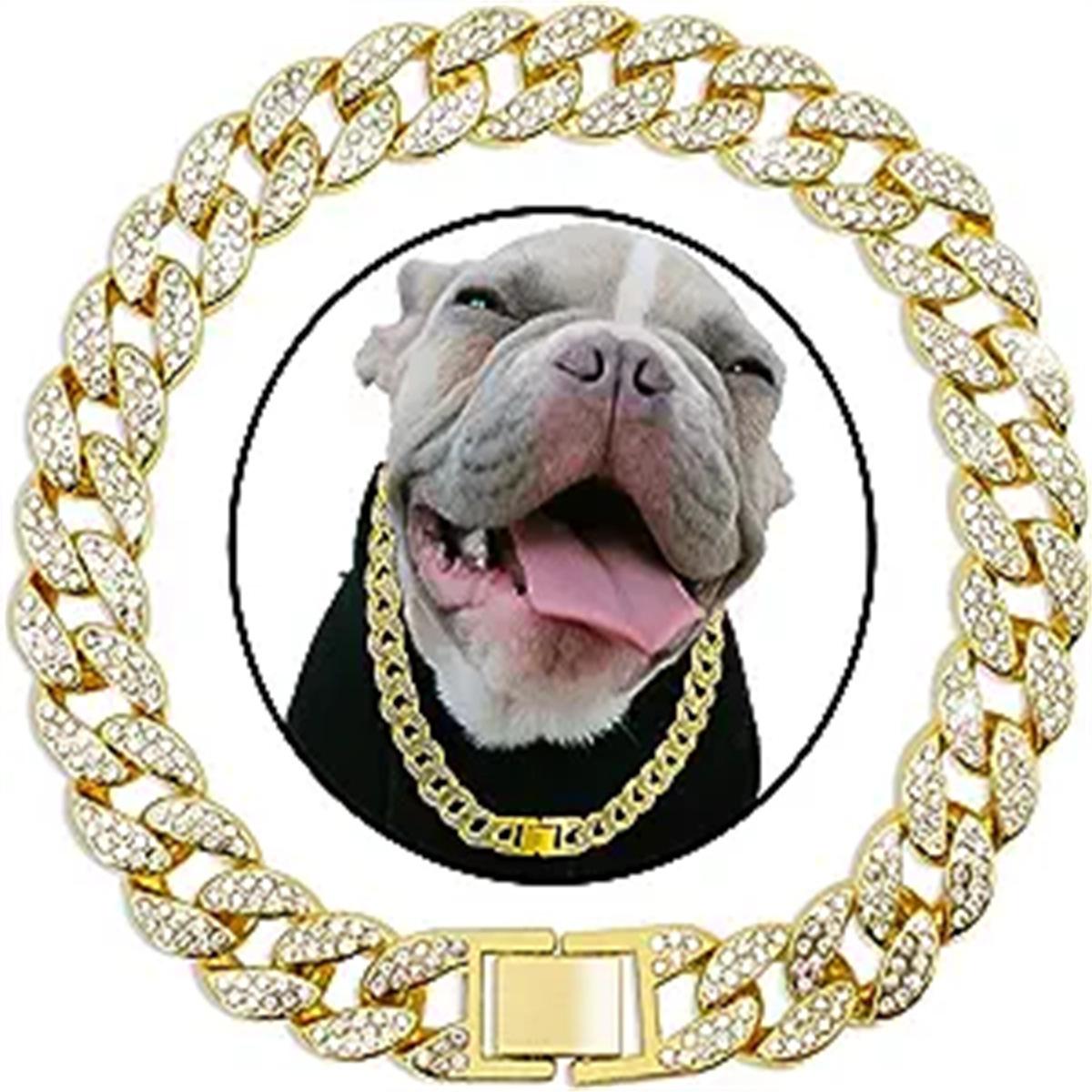 New Pet Jewelry Cuban Link Chain, Stainless Steel Fully Covered with Rhinestones, Gold & Silver Tone, Buckles for Cats and Dogs 20cm