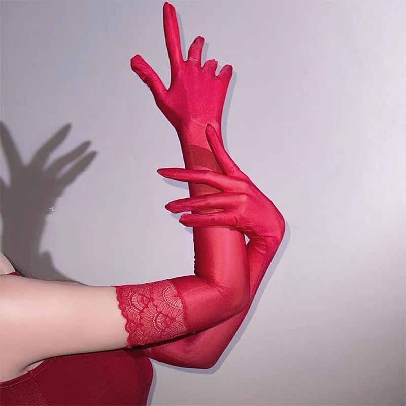 

Women Sexy High Elasticity Lace Oil Smooth Long Stockings Gloves Wedding Party Club Nightclub See Through Cosplay Accessories
