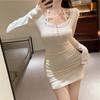 White Lace V-Neck Bodycon Dress with Cinched Waist and Mini Skirt