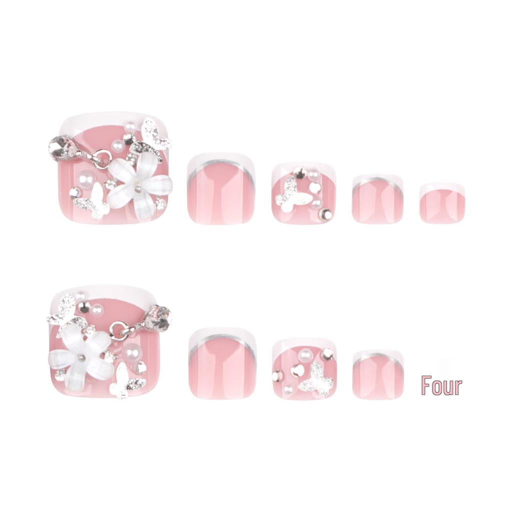 Classic 3D Flower Pearl Toenail Art - Short Wearable French Pedicure Tips