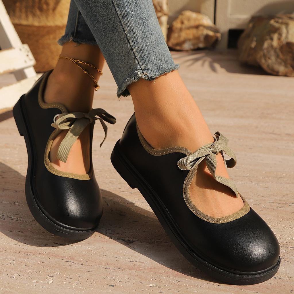 Cute Bow Round Head Flat Bottom Mary Jane Single Shoes 2025 Spring and Summer New French Retro Versatile Small Leather Shoes Women