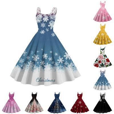 (Fröhliche Weihnachten) Damen Casual Mode Weihnachten Schneeflocke/Weihnachtsbaum/Schneemann Print Rundhals Retro Kleid