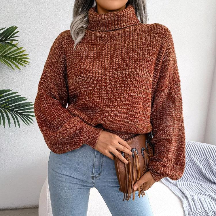 Women Loose Knit Turtleneck Sweater Long Sleeve All Match Fall Winter Mixed Color Lantern S-L