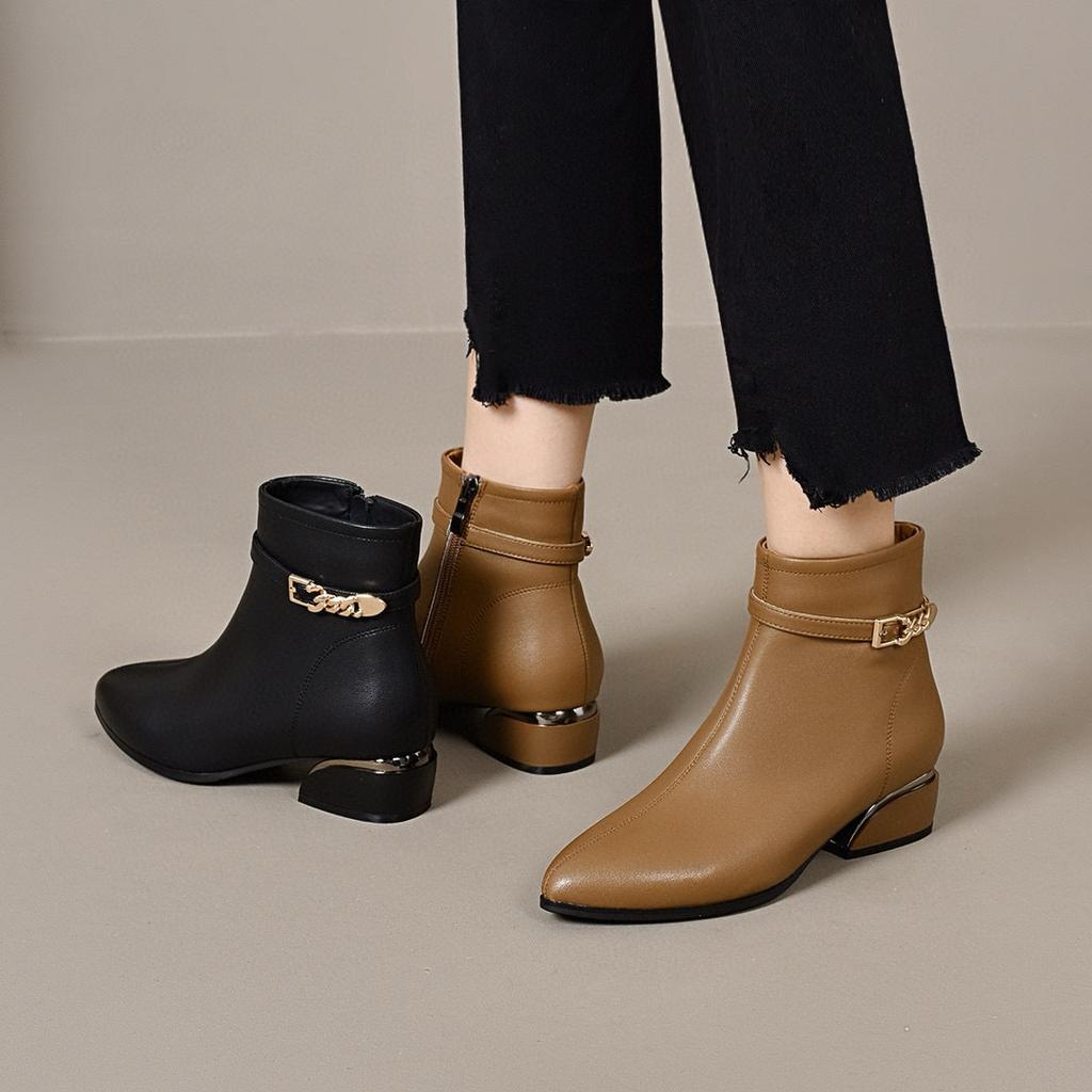 Pointed short boots women's autumn and winter metal buckle low-heeled cotton boots simple temperament fashion boots women's flat boots