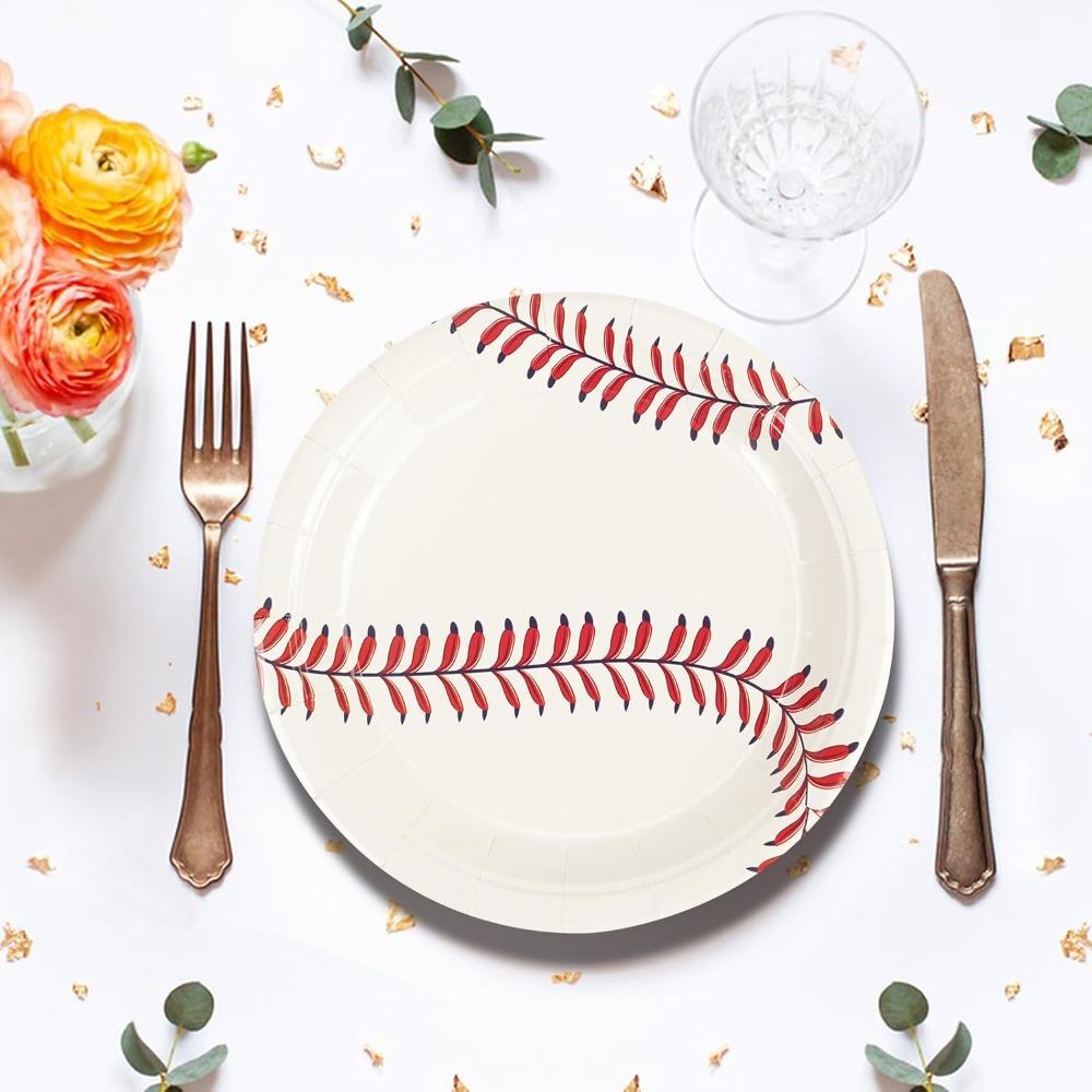 50pcs Baseball Party Paper Plates - 7Inch Round Baseball Dessert Plates for Cake Salad Fruit Pizza Disposable Themed Decoration