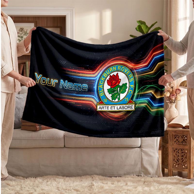 Blackburn Rovers FC Personalized Fleece Blanket With Football Logo, Custom Name Text Soft Warm Home Throw Blanket
