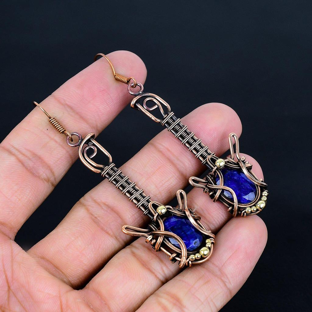 Blue Sapphire Earrings, Handmade Gemstone Earrings, 999 Copper Wire Wrapped Earrings Antique Jewelry, For Engagement Gift