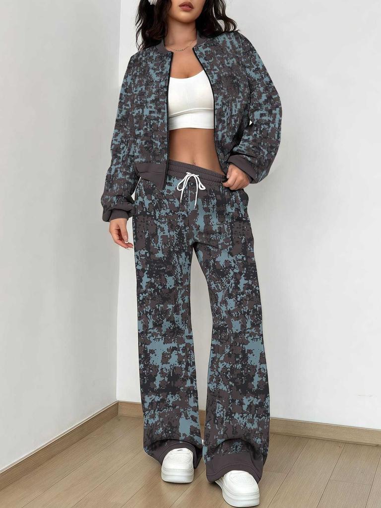 Simple Popular Autumn and Winter New European and American Women's Clothing Yellow-green Camouflage Printing Suit Women