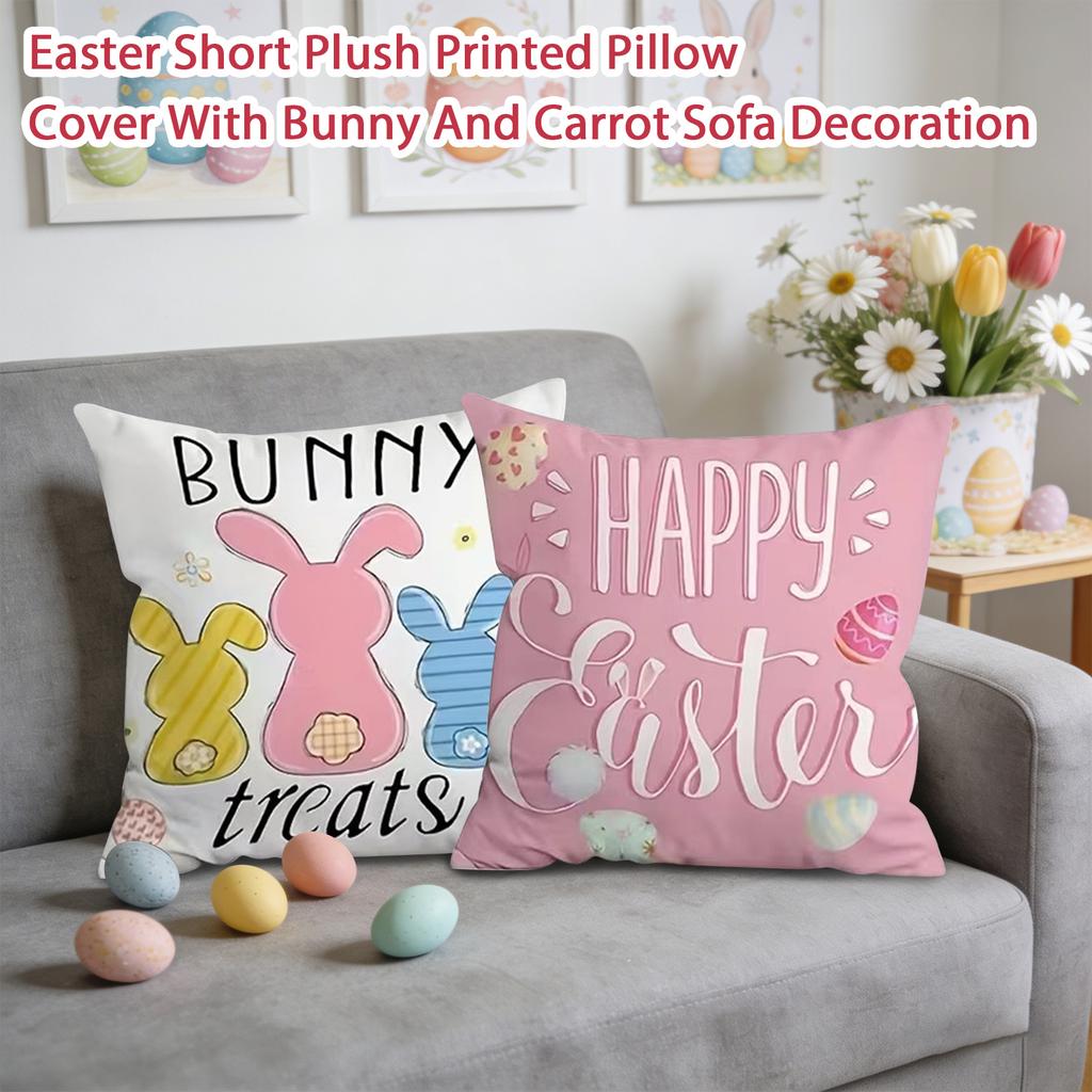 Easter Short Plush Printed Pillow Cover With Bunny And Carrot Sofa Decoration