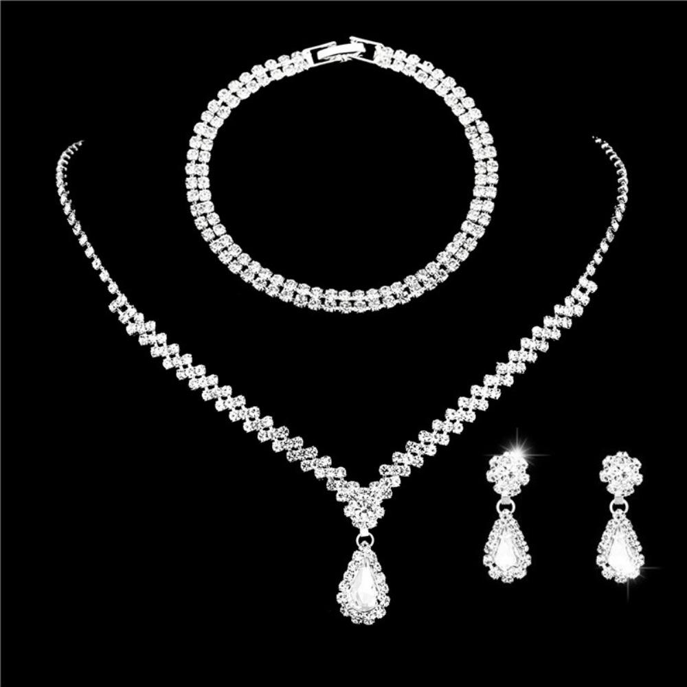 Metal Diamond Necklace Earrings Two-piece Wedding Jewelry Set Combination