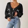 New Autumn and Winter Short Jacket Women's Ribbon Bow Decoration Deep V Three-button Sweater Cardigan