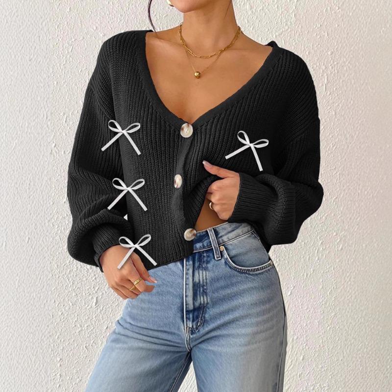 New Autumn and Winter Short Jacket Women's Ribbon Bow Decoration Deep V Three-button Sweater Cardigan