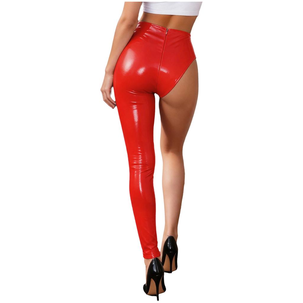 Women Patent Leather Single-leg Pants Back Zip Leggings for Stage Performance Rave Party Music Festival Nightclub