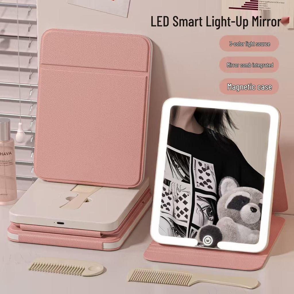 LED Folding Makeup Mirror with Comb – Compact, Lighted, and Convenient for Desktop Use