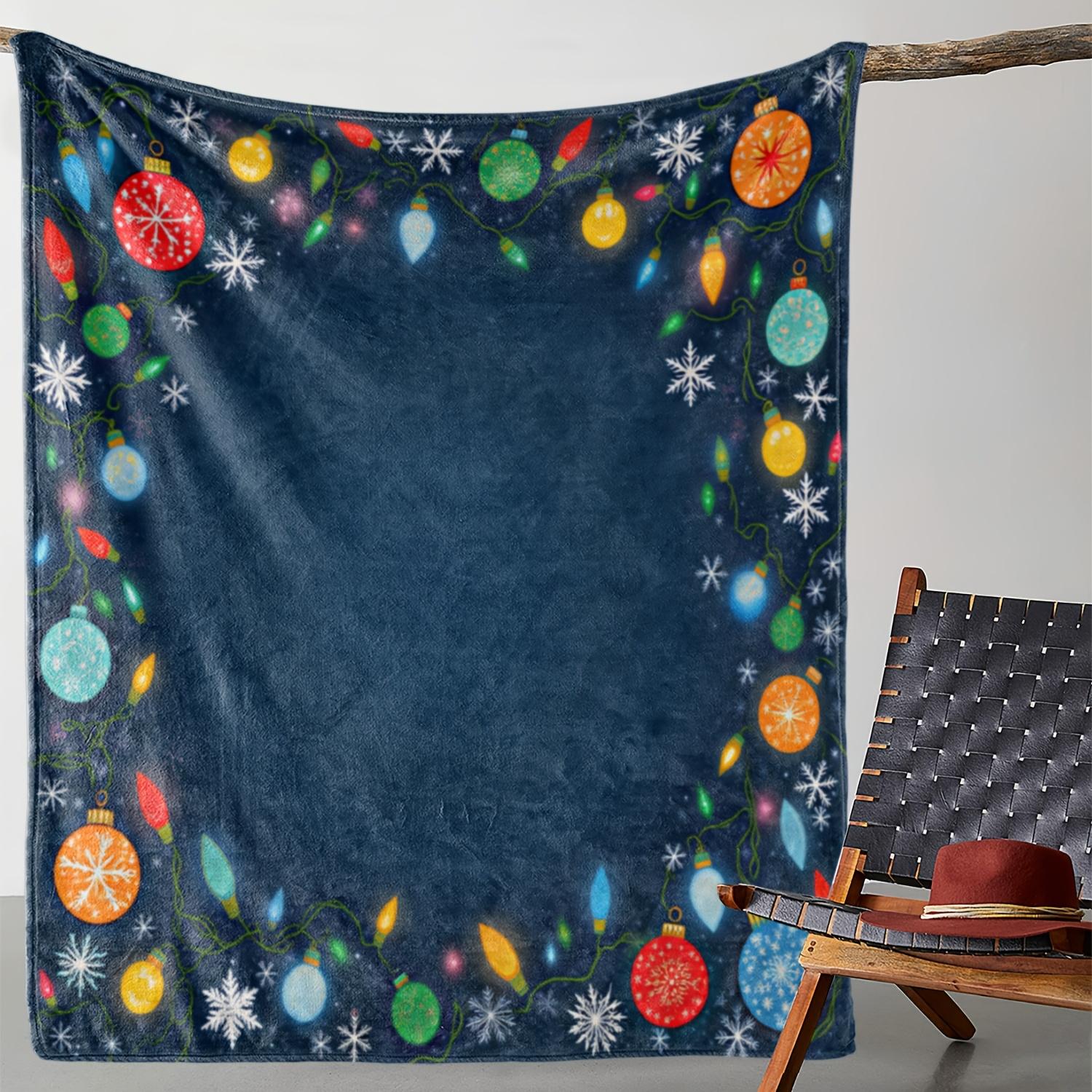 1pc Sdoo Christmas Blanket - Dark Blue Holiday Throw with Colorful Lights, Snowflakes, Red & Green Ornaments - Soft Flannel All- 75x90cm