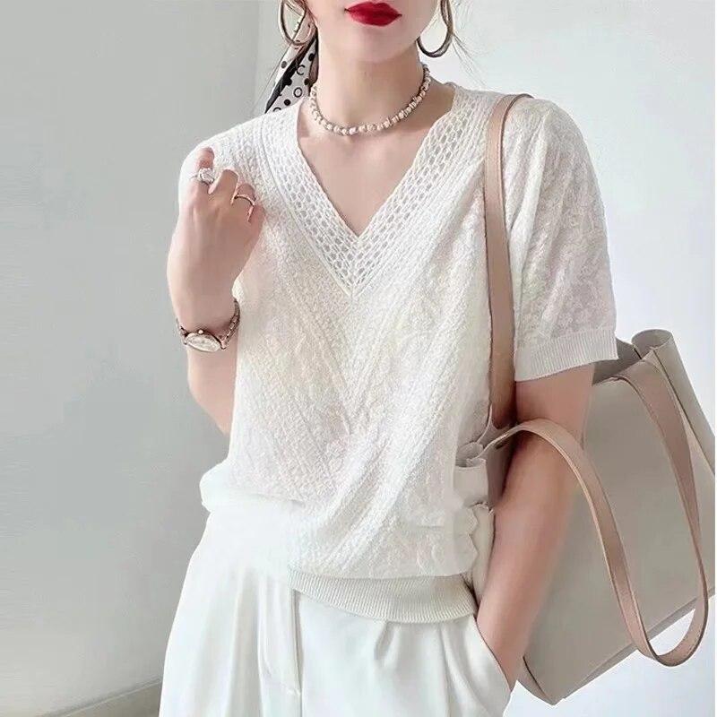 

WTEMPO элегантная рубашка с v-образным вырезом и коротким рукавом, летняя шелковая кружевная блузка, свитер, женские повседневные открытые топы, женская свободная футболка XL