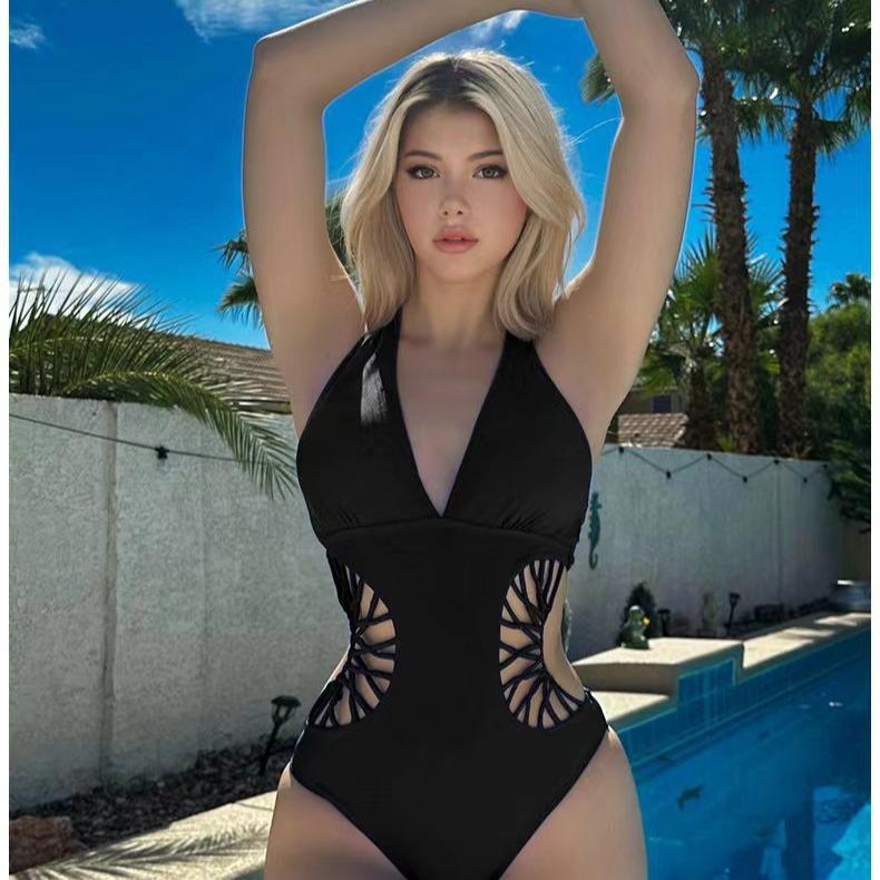 

Черный цельный купальник, женский кружевной сексуальный купальник с лямкой на шее, Монокини, женский купальный костюм, боди с вырезами, одежда для купания L чёрный