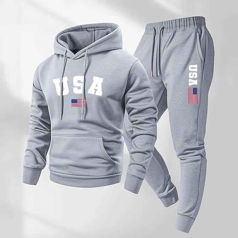 New casual sweater USA flag print hooded suit autumn and winter sports European and American trend men's and women's sweatpants