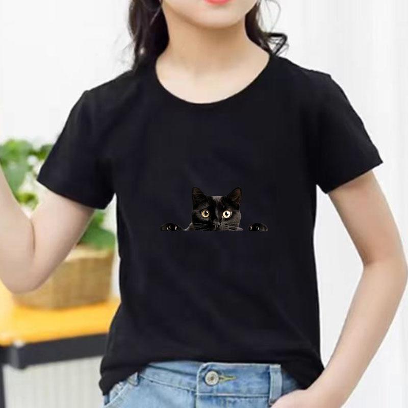 Kids Cotton T Shirt Peeking Black Cat Graphic Print Crew Neck Short Sleeve Tee Casual Breathable Boys Girls Summer Tops