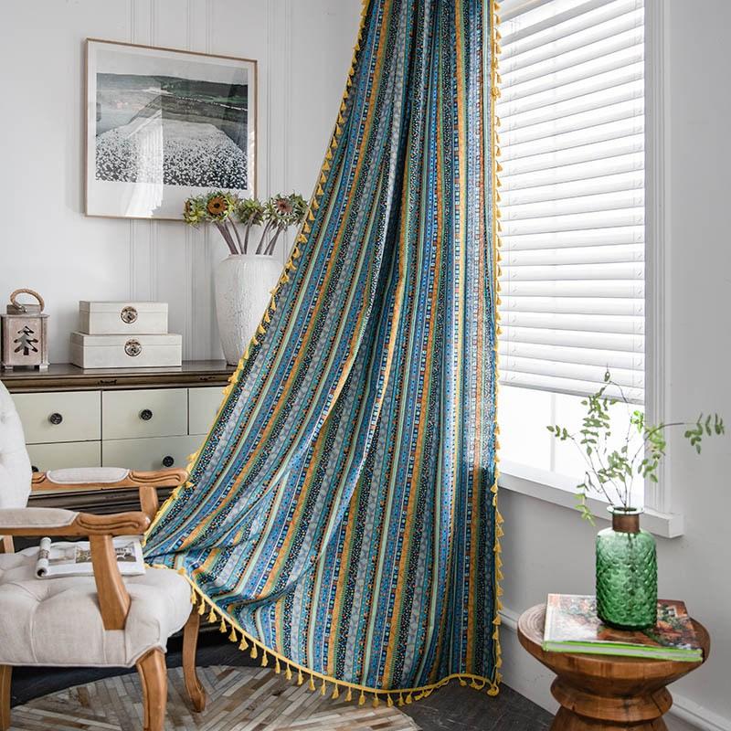 American Bohemian Style Red Gilding Stripe Cotton Linen Printing Semi Transparent Living Room Blackout Home Window Curtain