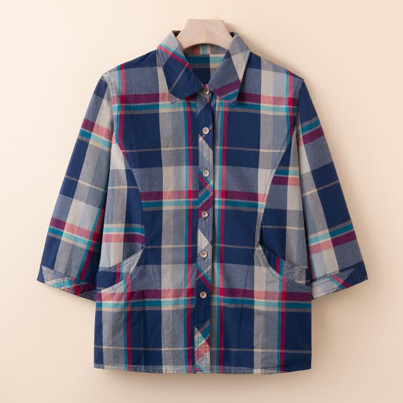 YUZHAOLIN Mom's Casual Plaid 3/4 Sleeve Cotton Shirt