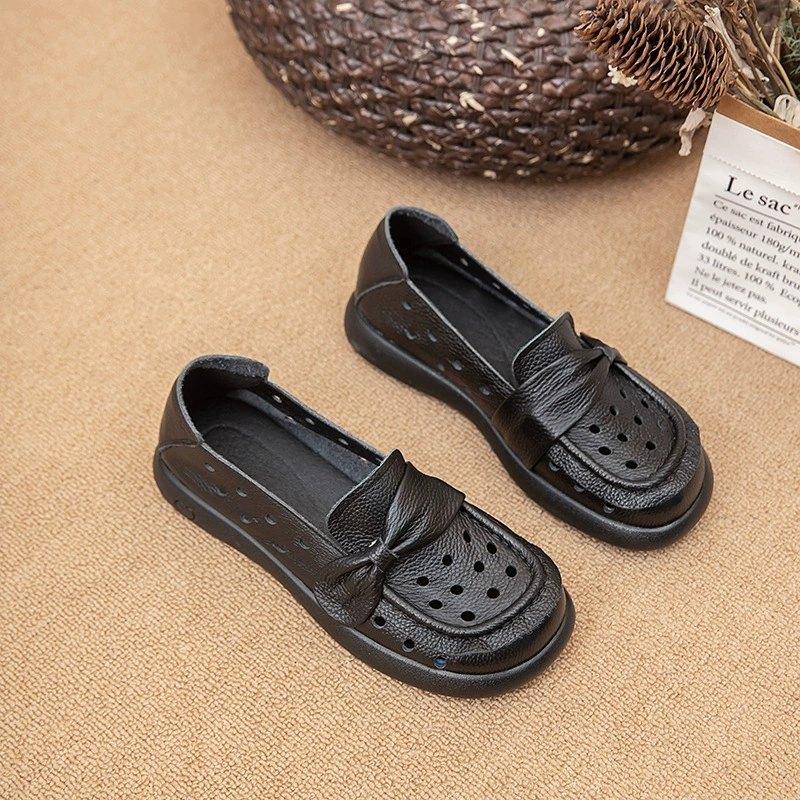 

Women s Ladies Female Genuine Leather Shoes Flats Sandals Loafers Hollow Summer Cool Beach Bowknot Non Slip Breathable 41 чорний