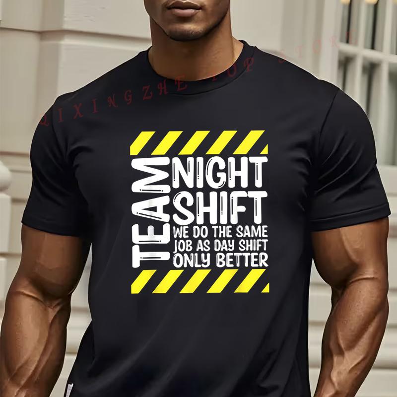 MenS Night Shift Graphic TShirt Oversized Relaxed Fit With Caution Tape Design Night Shift Slogan T Oneck Casual Top S