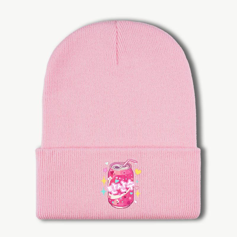 Shimmering Pink Drink Print Knit Beanie Warm Comfortable and Highly Stretchy Beanie Sweet Cute Shimmering Fashionable and