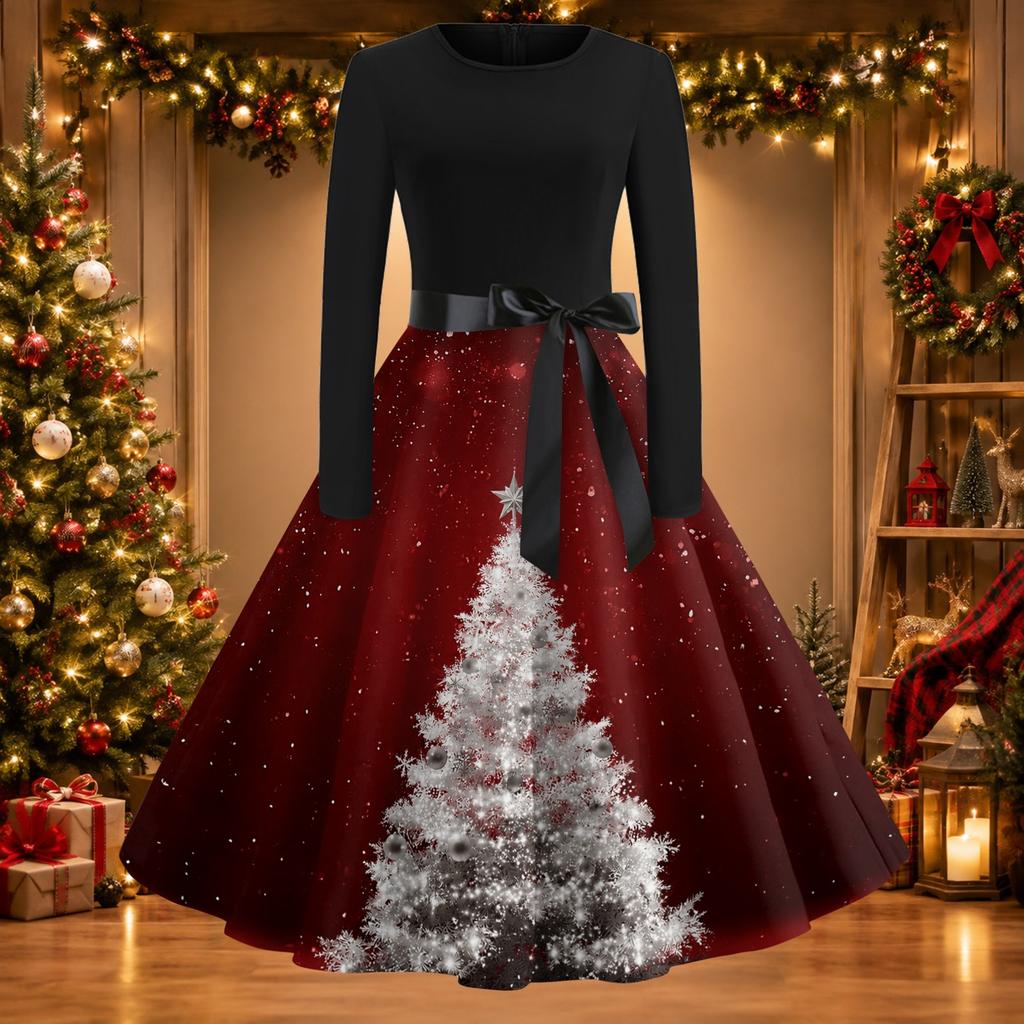 Women's Casual Vintage Christmas Print Neck Dress