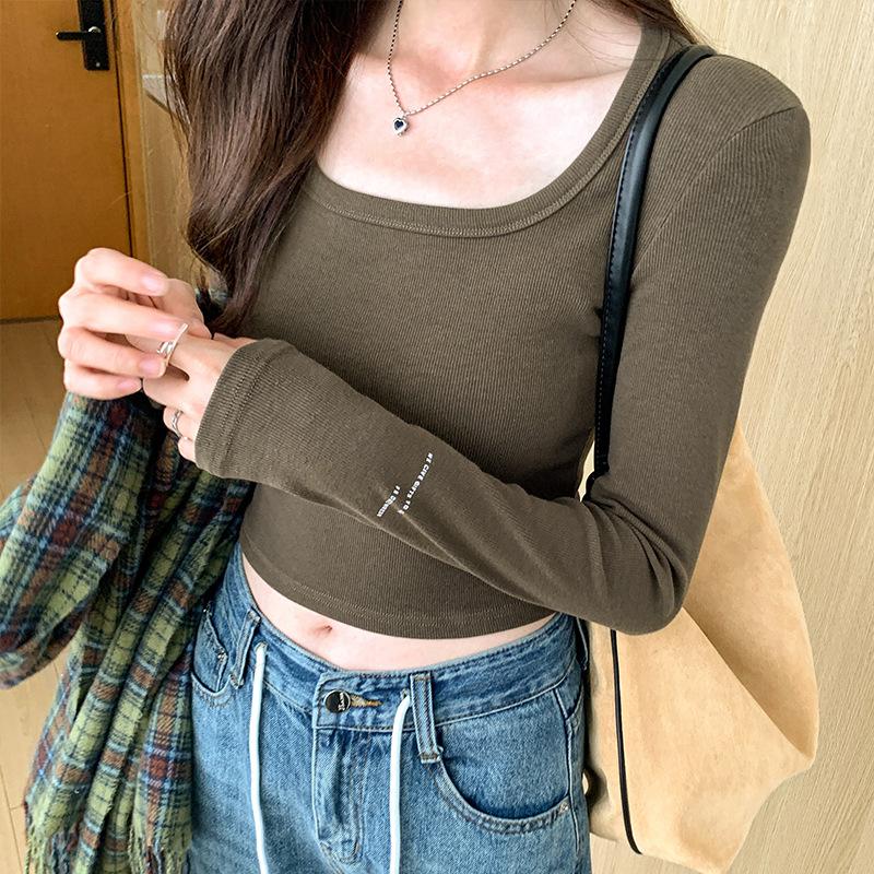 Short Solid Color Square Collar Clavicle Long-sleeved T-shirt for Women Early Autumn New Top Slimming Bottoming Shirt