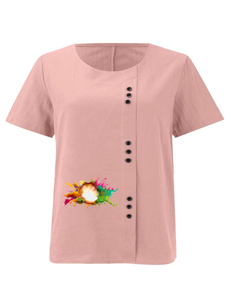 

Women s Fashion Colorful Print Casual Cotton Linen Short Sleeve Round Neck T-shirt Shirt Leisure Loose Summer Blouse Tops S розовый