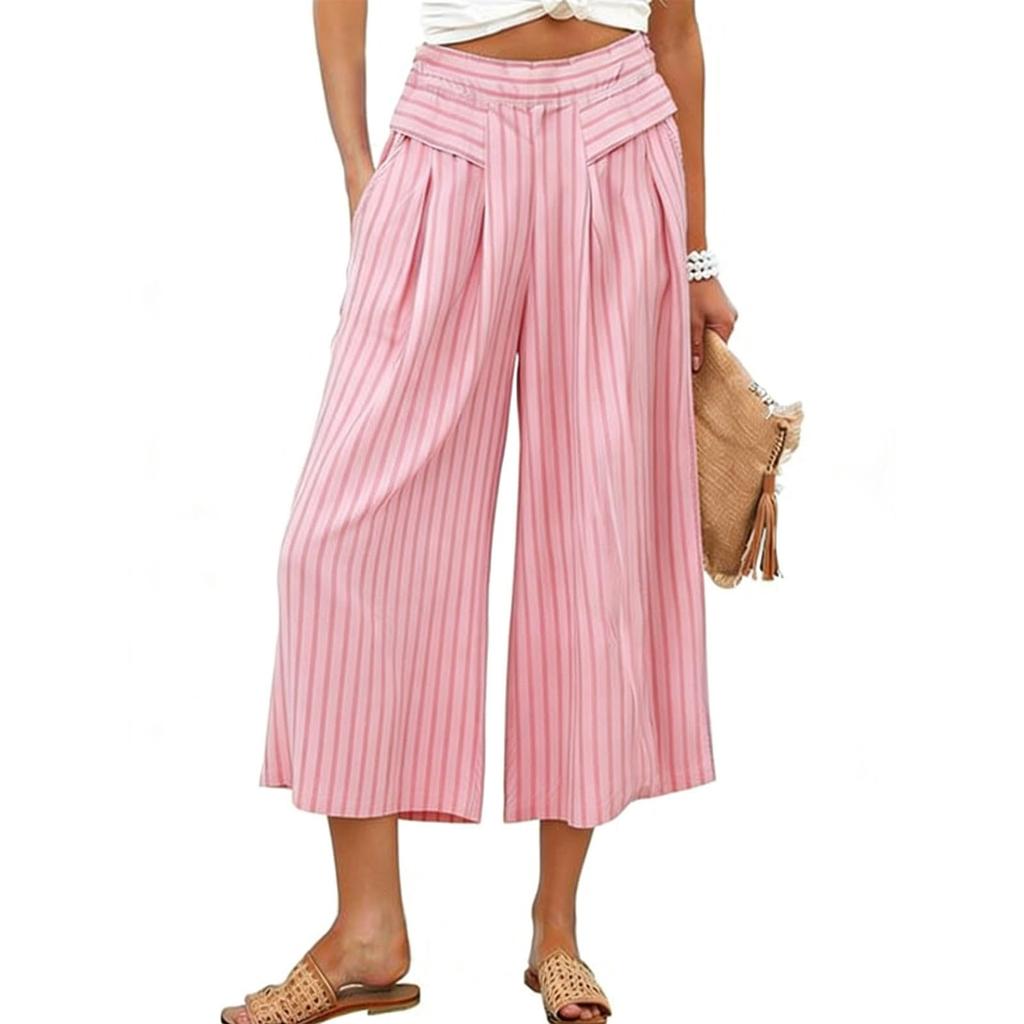 Women's Striped Wide Leg With High Waist Casual Loose Fit Cropped Pant With Pockets