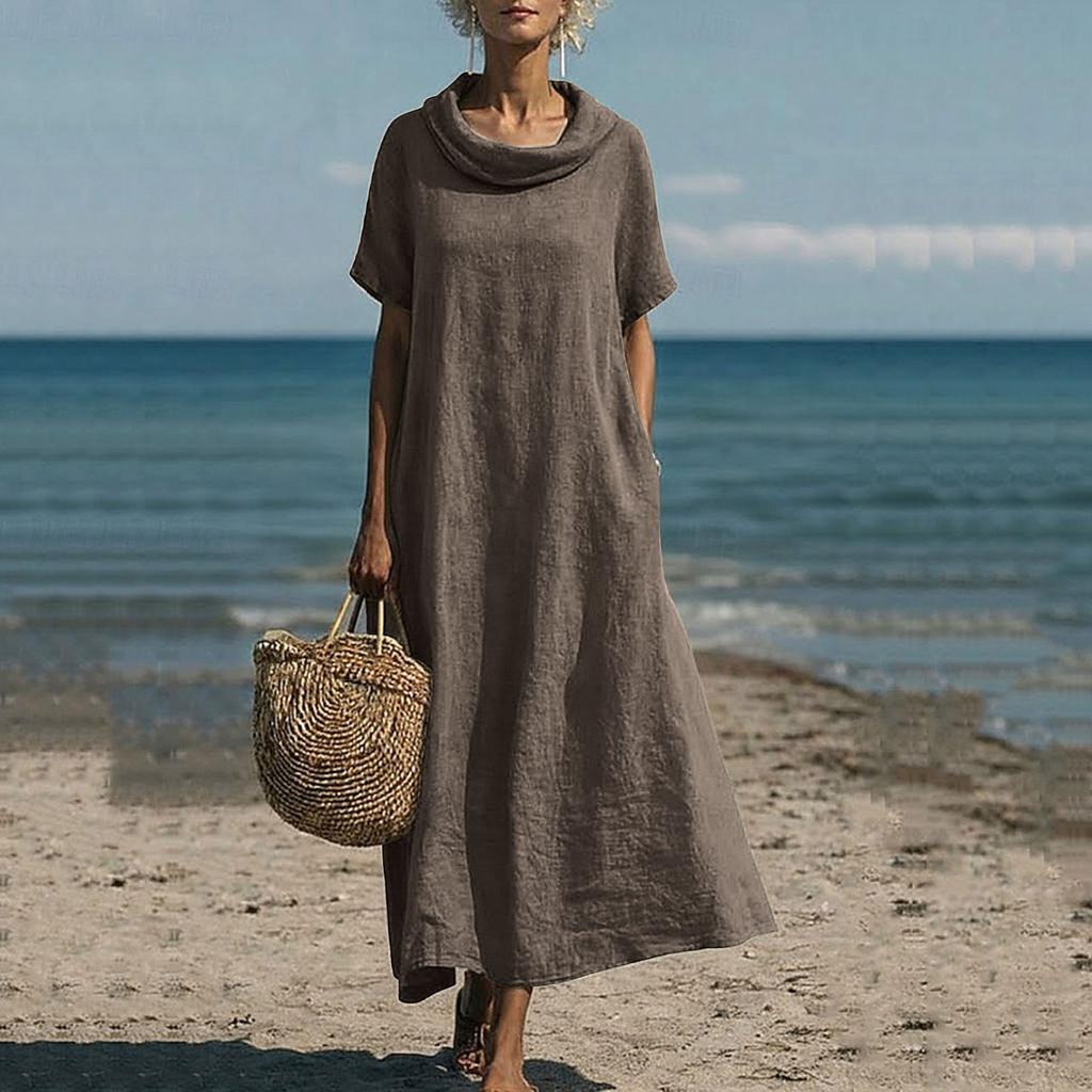 Women's Loose Fit Cowl Neck Maxi Dress Short Sleeve Solid Patterned Casual Linen Floor Length Gown