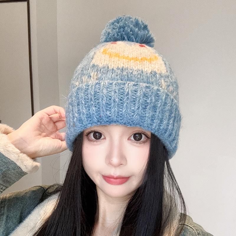 New Cute Jacquard Frog Fur Ball Woolen Hat for Women Autumn and Winter Warm Ear Protection Knitted Hat for Men