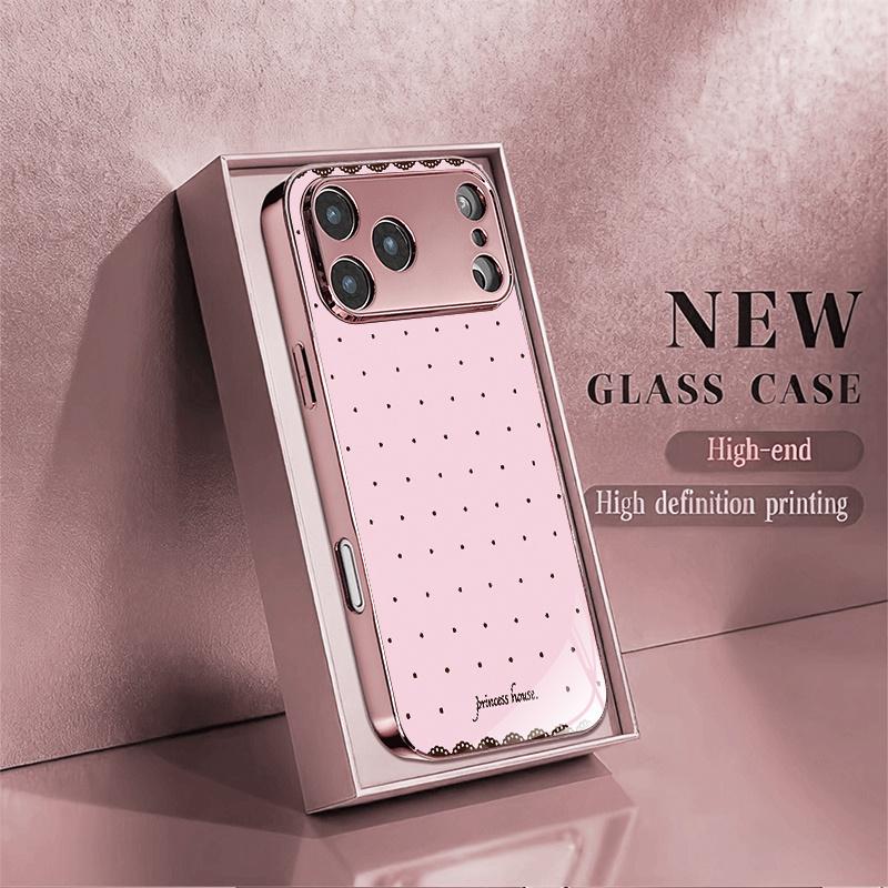 Pink Polka dot pattern Electroplated Glass Phone Case Suitable for iPhone 17 17 Pro 16 15 14 13 12 11 11 Pro