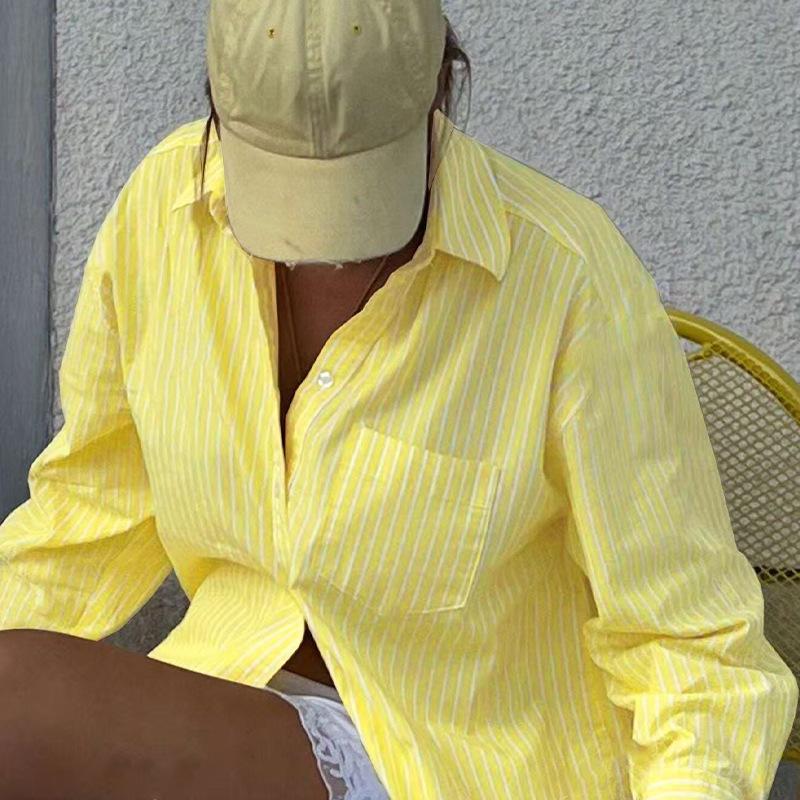 Women Casual Shirt spring Autumn Polo Neck yellow stripe button Long Sleeve Blouse harajuku women's oversized Cardigan Shirts