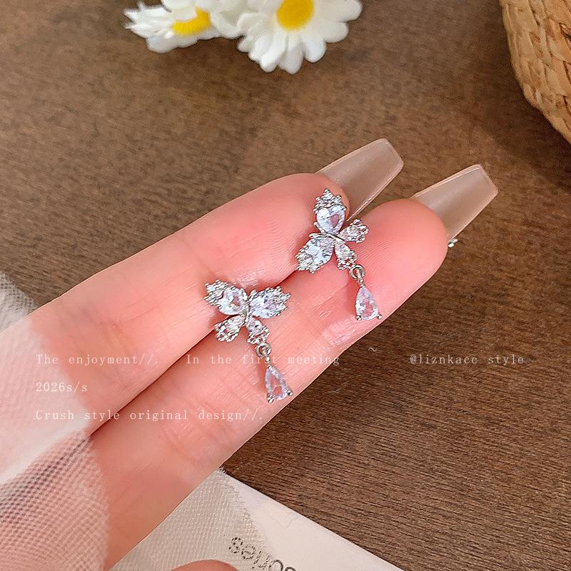 Sterling silver needle flash zirconium butterfly stud earrings women's personality high-end earrings new popular ear jewelry