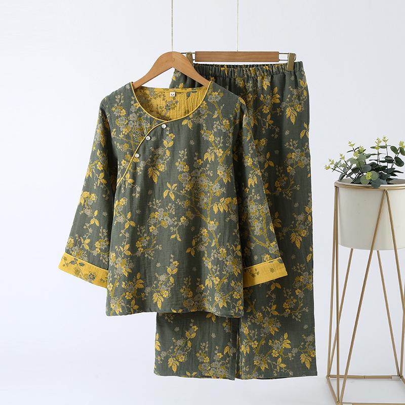 Kinesisk Stil Damepyjamas, Ren Bomuld, Retro Farve, Vævet Jacquard, Hjemmetøj, Langærmet Bukser, Diagonal Krave