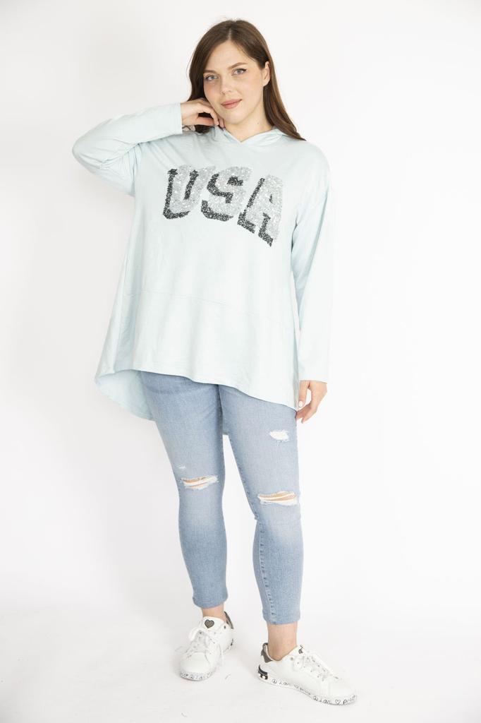 Women's Style Big Size Sweatshirt Baby Blue Plus Size Sequin Detailed Hooded Long Back Sweatshirt