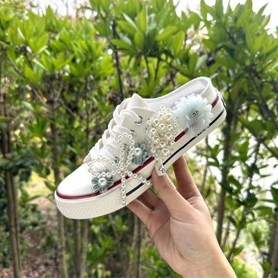 Fashion Girls Canvas Shoes Women's Spring/Autumn Casual Shoes Pearl Flower Fashion Flat Ribbon Lace-up Comfortable Vulcanized Shoes