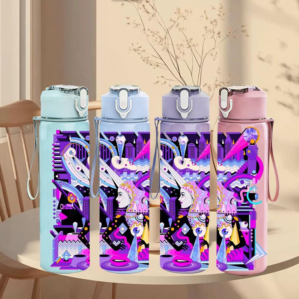 1PC Neon Abstract Cyber Graffiti Art 750ml Color Plastic Sports Water Bottle Leakproof Flip Straw Lid Suitable for Sports Office Home Use