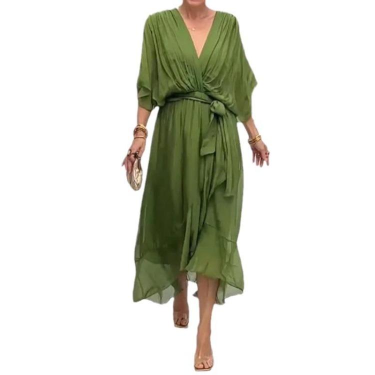 Plus Size Women Long Dress with Batwing Sleeves Solid Color Lace Up and Irregular Hem