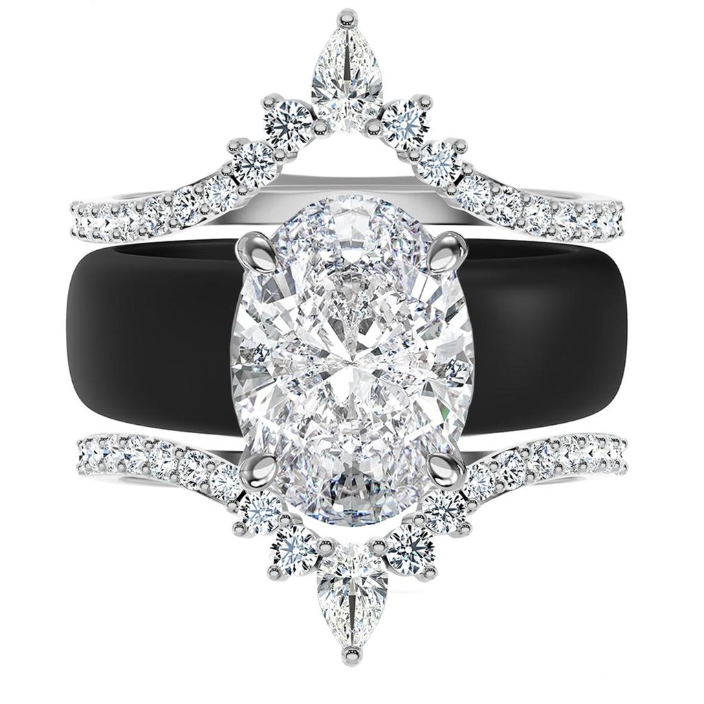 3-Piece Elliptical Cut Zircon Wedding Ring Set Black Silicone Tape Crown Stackable Wedding Ring Women's Luxury Bridal Jewelry Gi