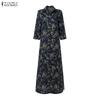 ZANZEA Women Vintage 3/4 Sleeve Lapel  Neck Elegant Buttons Kaftan Floral Maxi Shirts Dress