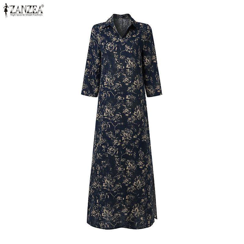 ZANZEA Women Vintage 3/4 Sleeve Lapel  Neck Elegant Buttons Kaftan Floral Maxi Shirts Dress