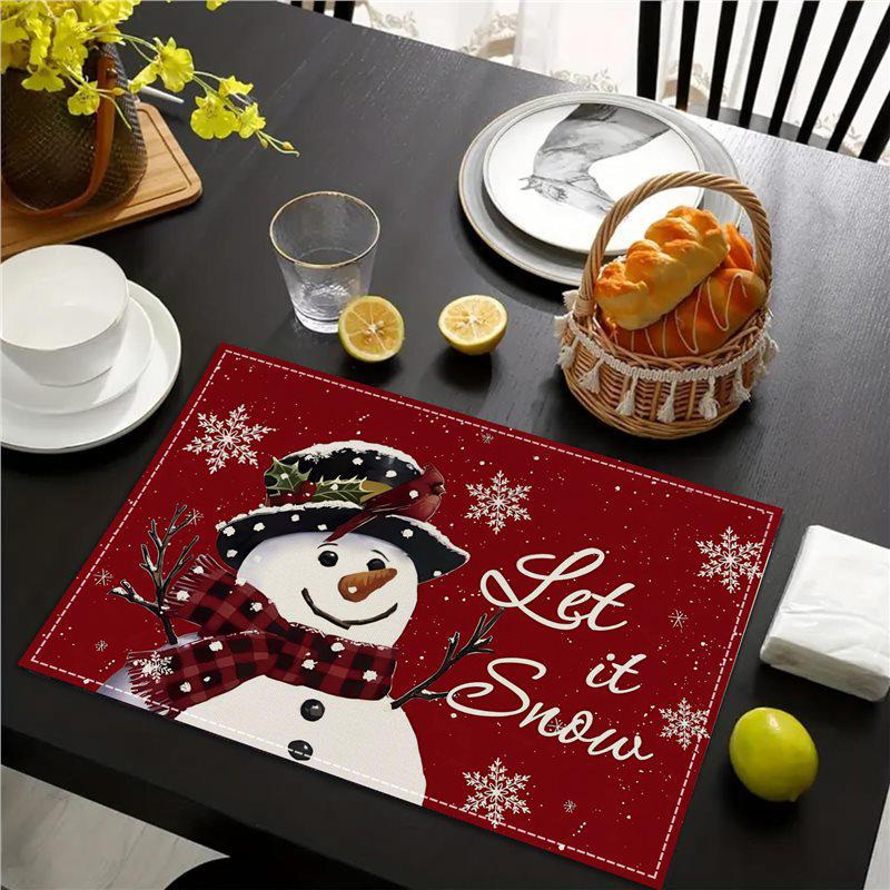 Christmas Snowman Snowflake Plaid Table Mats - Festive Insulated Linen Tablecloth for Party Decoration