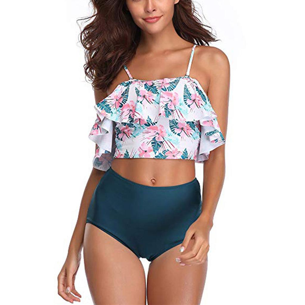 Zweiteiliges Badeanzug-Oberteil für Damen mit Rüschen und hoch tailliertem Bikini-Set