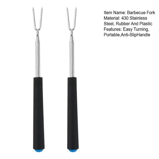 2Pcs Retractable BBQ Fork with V-Shaped Prongs Non-Slip Handle Stainless Steel Grilling Fork Portable Outdoor Cooking Tool for Camping Picnic Party