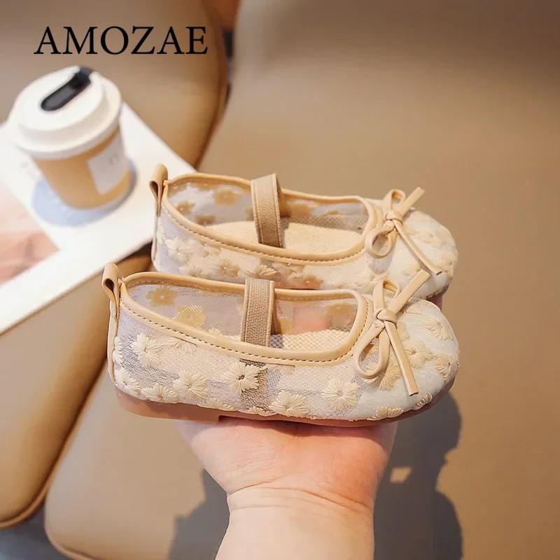 Girls Summer Shoes Flats Moccasins Children Loafers Mesh Breathable Embroidered Bowknot Princess Mary Jane Dress Shoes
